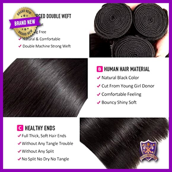 16 Inch Brazilian Straight Human Hair Extensions 3 Bundles Unprocessed Virgin